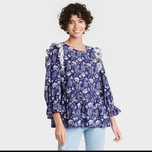 Universal Thread Floral Print Blouse Embroidered Ruffle Top Blue P3860